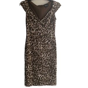 Adrianna Papell Womens Animal Print Size 4 Brown And Cream Pleated Sheath Dress